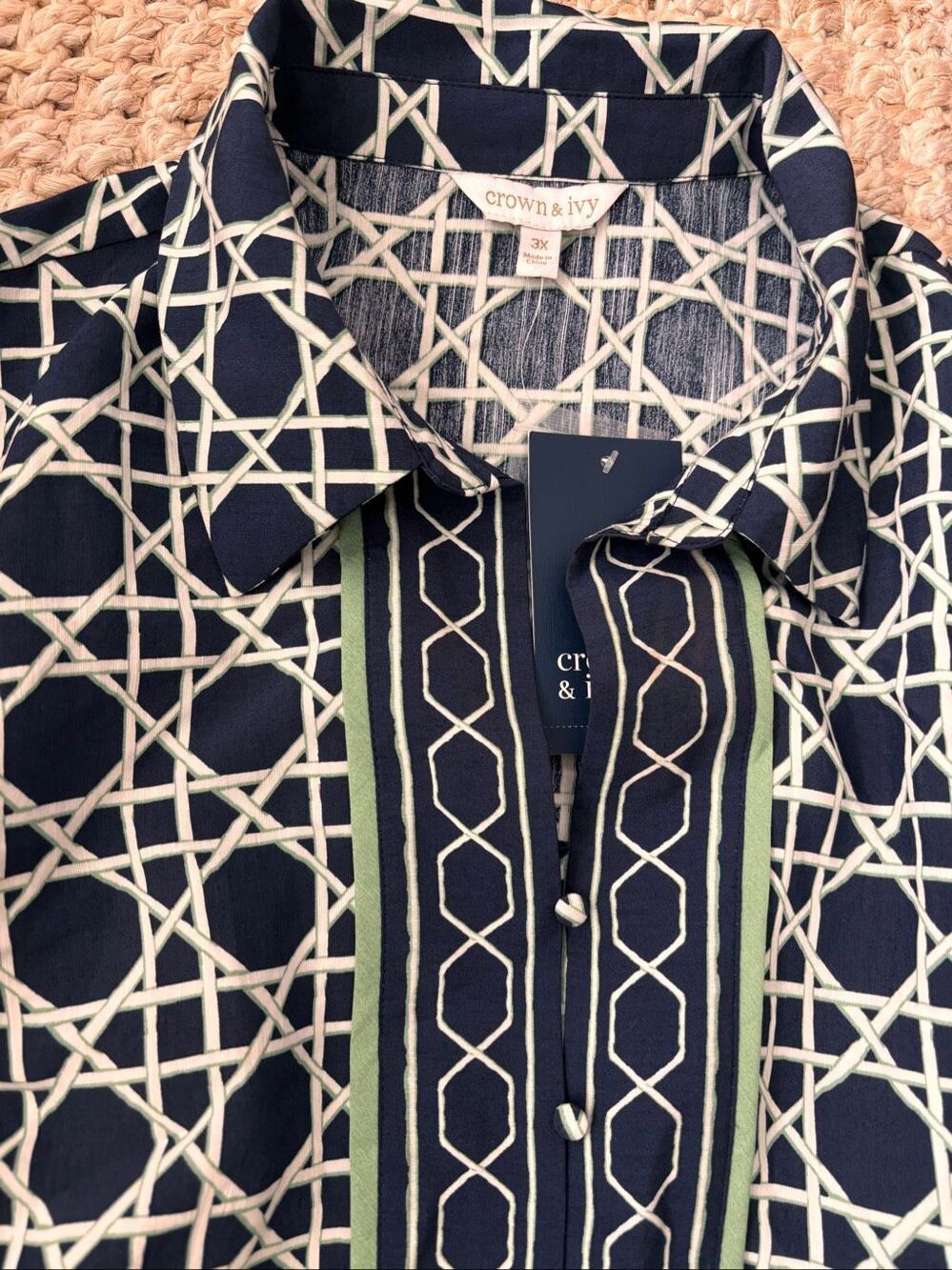 NWT Crown & Ivy Navy Geometric Belted Shirt Dress Midi Coastal Preppy Tuckernuck - Picture 5 of 10